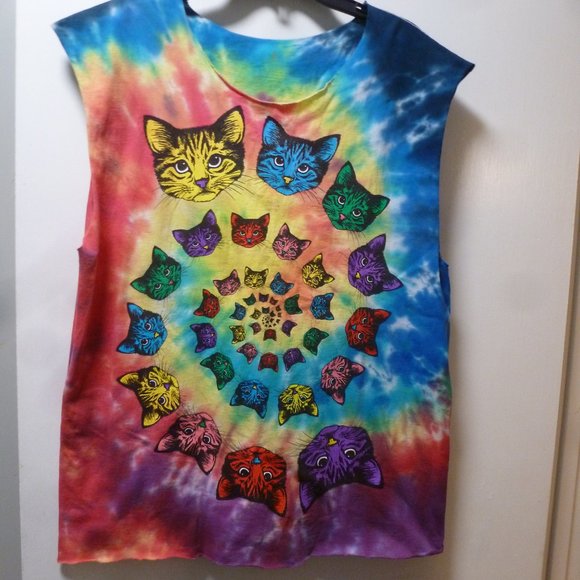 cute - Attention CAT LOVERS - Nice Tie Die Sleeveless Tee size M-L - Picture 1 of 11